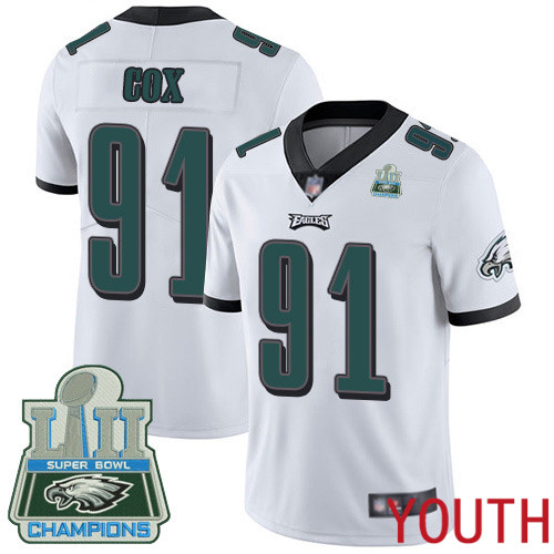 Youth Philadelphia Eagles 91 Fletcher Cox White Vapor Untouchable NFL Jersey Limited Player Super Bowl LII 100th